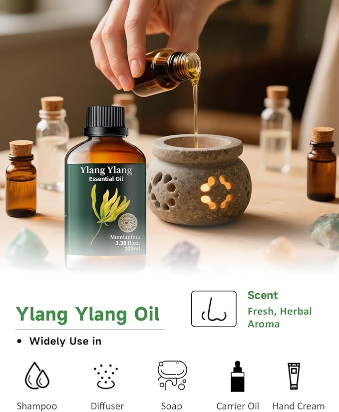 Mumianhua 100% Pure Ylang Ylang Essential Oil Natural Ylang Ylang Oil for Diffuser, Perfumes, Aromatherapy, DIY,Skin, Hair, Candle, Soap Making 3.38 Fl Oz - Bloomnest