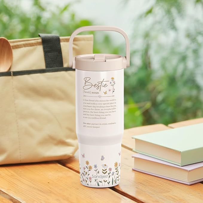 SANDJEST Besties Stainless Steel Straw Lid Tumbler 30oz with Carry Handle for Women Girls Best Friends, Insulated Travel Coffee Cup, Gift for Sports Workout Christmas Birthday - Bloomnest