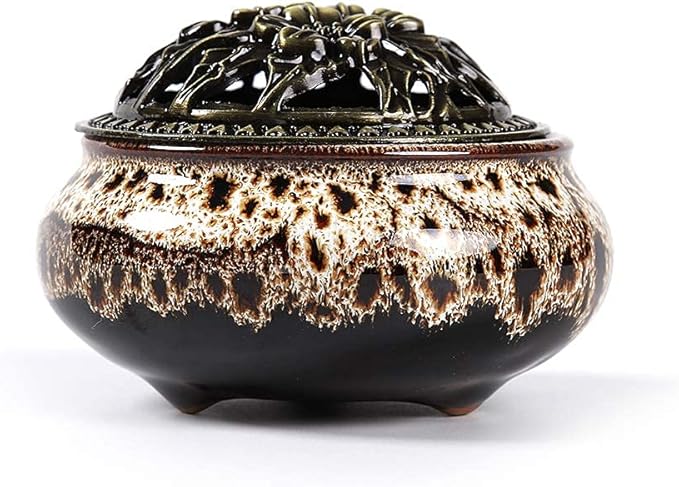 Incense Burner with Calabash Incense Stick Holder - Porcelain Charcoal Censer for Use with Resin Granular Powder Cone or Coil Incense (Fambe Gray) - Bloomnest