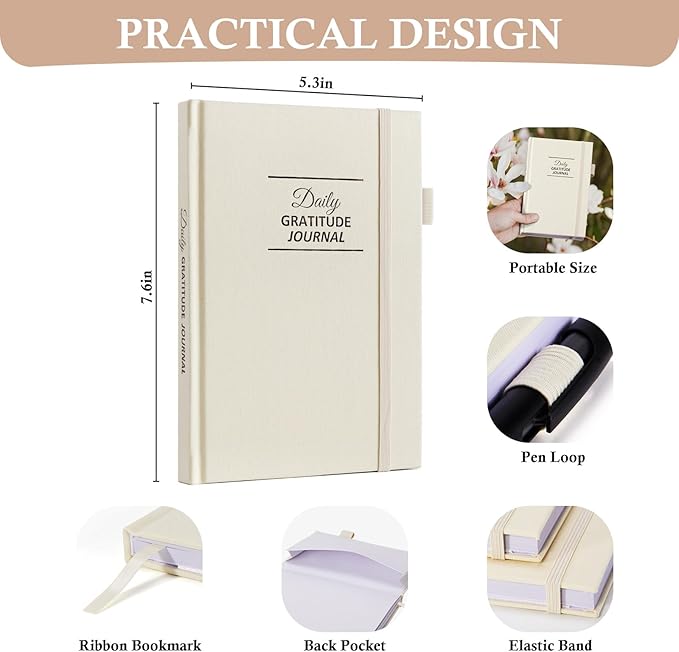 Gratitude Journal with 4 Inspirational Stickers: Undated Daily Gratitude Journal for Women and Men - More Happiness, Affirmation, and Mindfulness in A Few Minutes with Prompts & Quotes (Beige) - Bloomnest