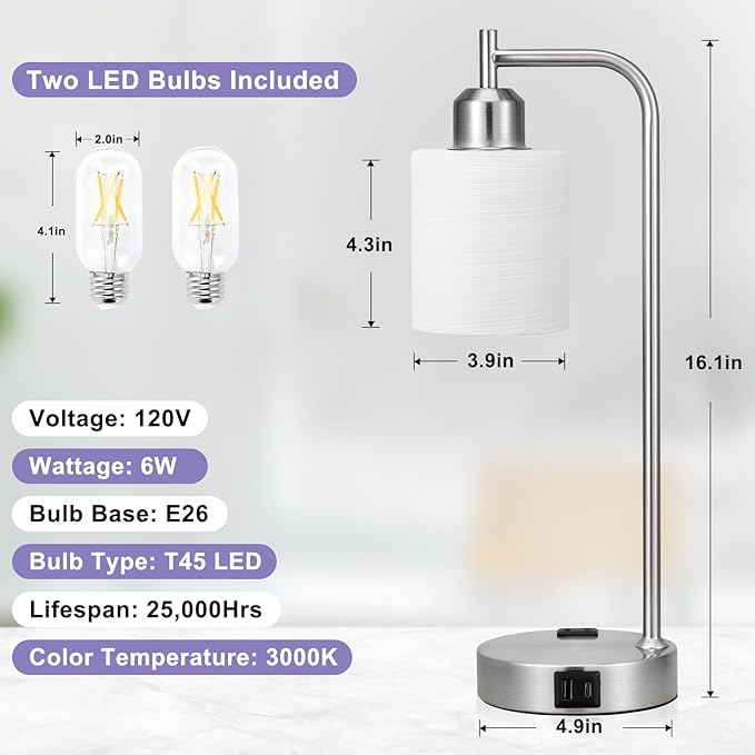 Innqoo Industrial Nickel Table Lamps for Bedrooms Set of 2-3-Way Dimmable Desk Lamp with USB C+A Ports and Outlet, Sliver Lamps with Striped White Glass Shade for Living Room - Bloomnest