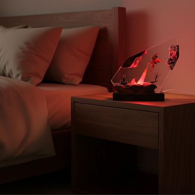 Handmade 3D Ocean Resin Lamp, Epoxy Ocean Night Light with Wooden Base, LED Color Changing Table Lamp, USB Powered Dragons Decor, Unique Ocean Gift for Bedroom & Home Office (Fire Dragon) - Bloomnest