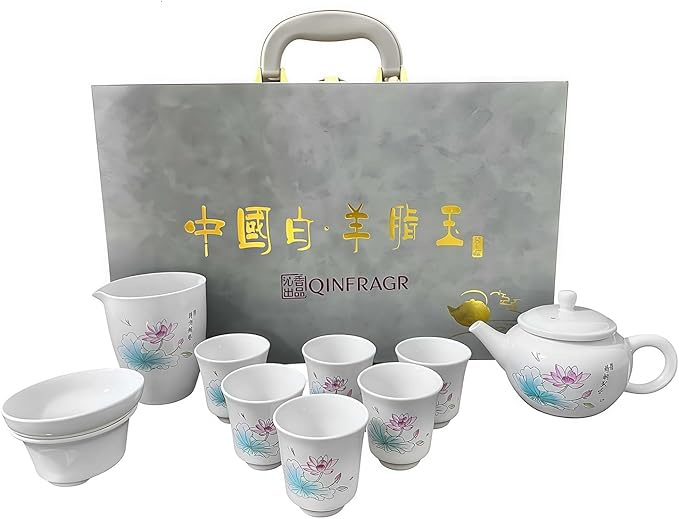 Lotus-Painted Chinese Gongfu Porcelain Tea Set: 6 Teacups & 1 Teapot. Made of Chinese/Japanese-style porcelain, ideal as a gift for business occasions & holidays (Lotus Design) - Bloomnest