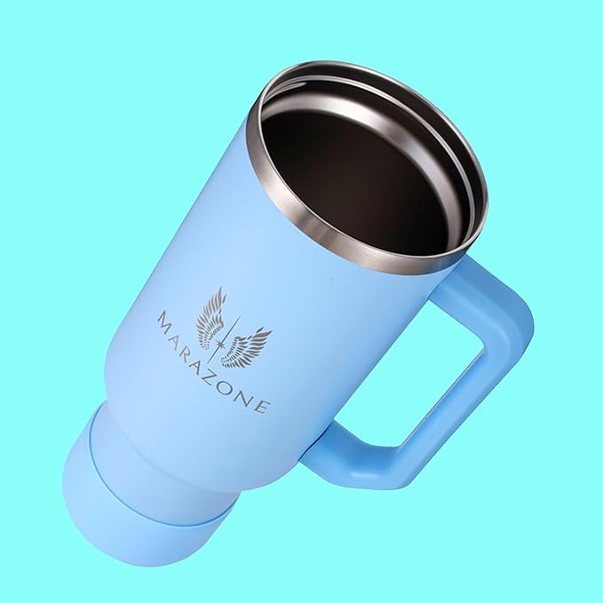 40 oz Insulated Tumbler with Handle and Straw – Stainless Steel Double Wall Vacuum Cup Fits Car Cup Holder, Hot Cold Travel Mug, BPA Free Reusable Water Bottle Gift for Women Men - Sky Blue - Bloomnest