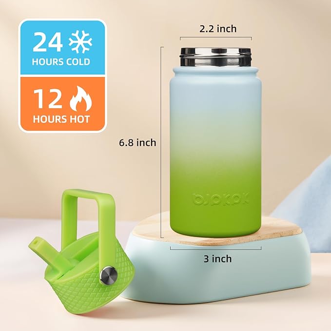 BJPKPK Insulated Water Bottle with Straw Lid, 15oz Cute Water Bottles, Stainless Steel Metal Thermo, Reusable BPA Free Leak Proof Tumblers, Cups,Lime - Bloomnest