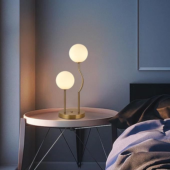 Mid Century Gold Globe Table Lamp 2-Light Orb Modern Beside Desk Table Light with Milk White Glass Shade Metal Base Nightstand Lamp for Bedroom Bedside - Bloomnest