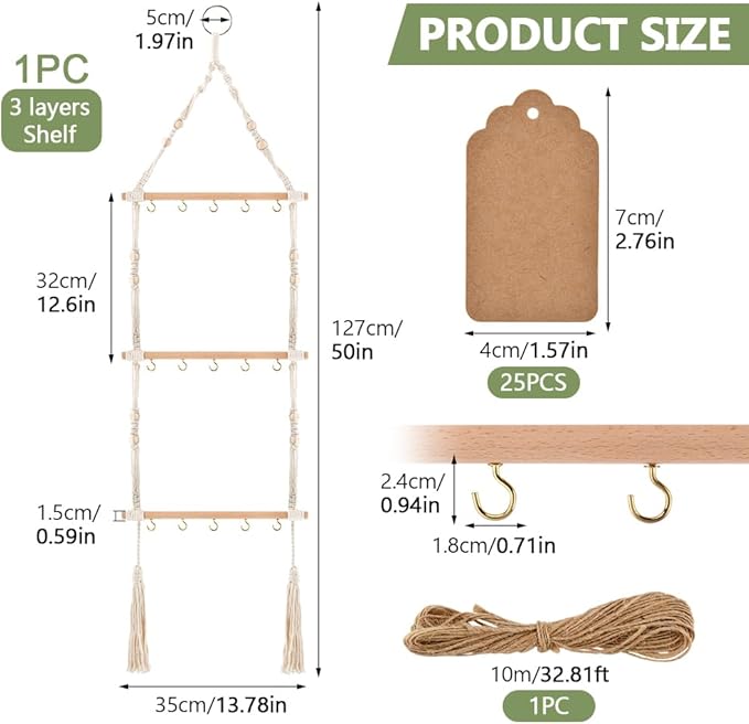 3-Tier Hanging Herb Drying Rack, Includes 25 Gift Tags & 32ft Natural Jute Twine, Handwoven Hanging Herb Dryer Rack Plant Hanger for Drying Herbs, Flowers, Sage(COLOR:Beige) - Bloomnest