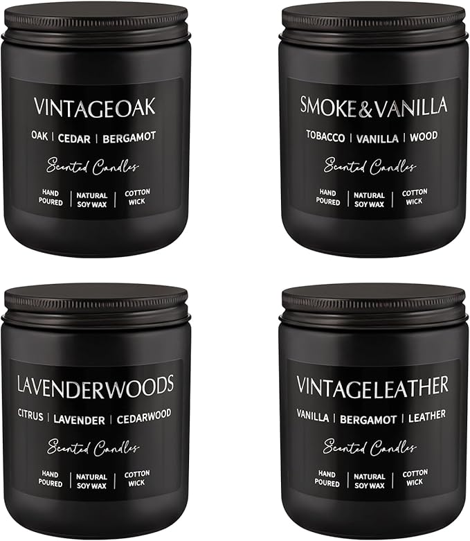 Scented Candles Gift Set - 4 Pack (7oz Each) Soy Wax Aromatherapy Candles with Essential Oils, Smokeless - Leather & Smoke, Vanilla Oakmoss, Lavender for Office, Gifts - Bloomnest