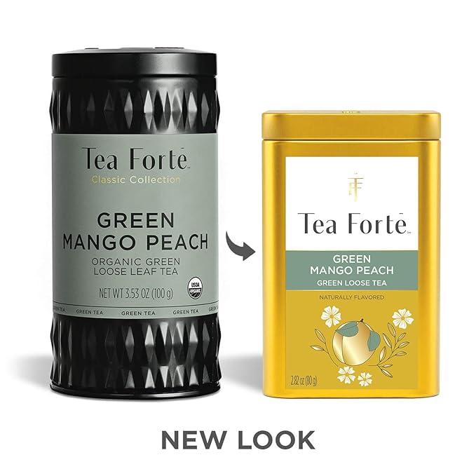 Tea Forte Green Mango Peach Premium Loose Leaf Caffeinated Green Tea Blend Canister, Makes 35-50 Cups