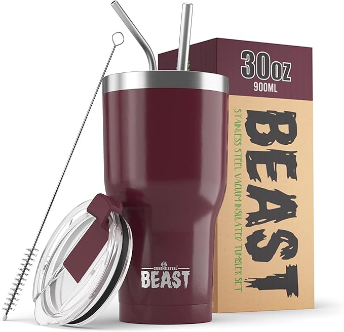 Beast 30 oz Tumbler Stainless Steel Vacuum Insulated Coffee Ice Cup Double Wall Travel Flask (Cranberry Red) - Bloomnest