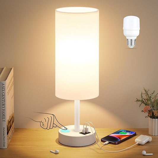 Dicoool White Touch Bedside Lamp for Bedroom - 3 Way Dimmable Table Lamp with USB, Nightstand Lamp with White Charging Station for Desk Dorm, Girl Kids Room, Small - Bloomnest