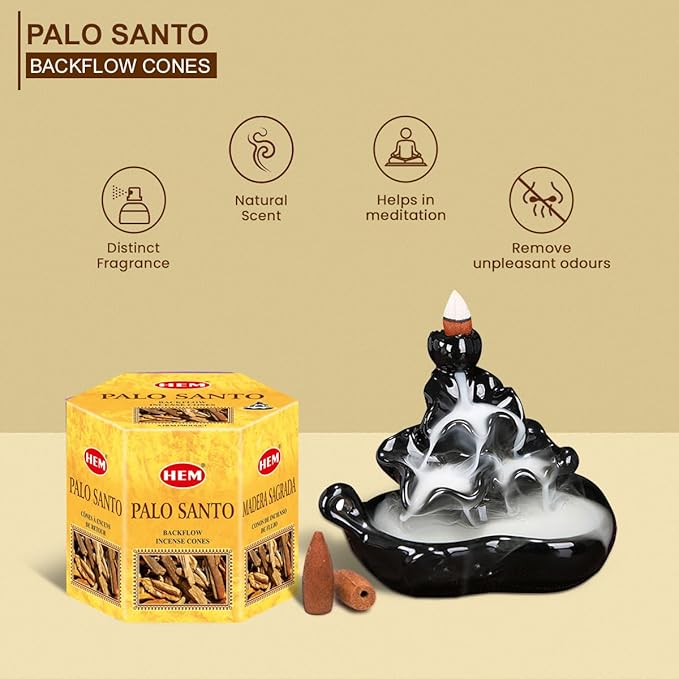 HEM Palo Santo Backflow Incense Cones – 20 Aromatherapy Cones | Long Lasting 40 Min Burn(Single Cone) | for Spa, Yoga, Reiki, Meditation, Healing, Relaxation & Home Fragrance HEM