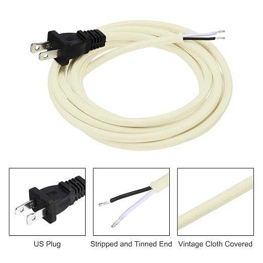 uxcell 8Ft 18/2 Cloth Covered Lamp Cord with Plug, Vintage Electrical Lamp Cord with Stripped Ends for Extension Wiring DIY Repairing, Beige