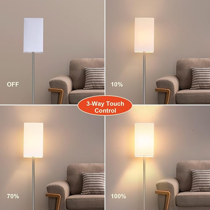 Floor Lamp, 3-Way Touch Control Dimmable Standing Lamp with Sturdy Marble Base, Brushed Nickel Touch Floor Lamp Tall Lamp with Square Linen Shade for Living Room, Bedroom, LED Bulb Included - Bloomnest