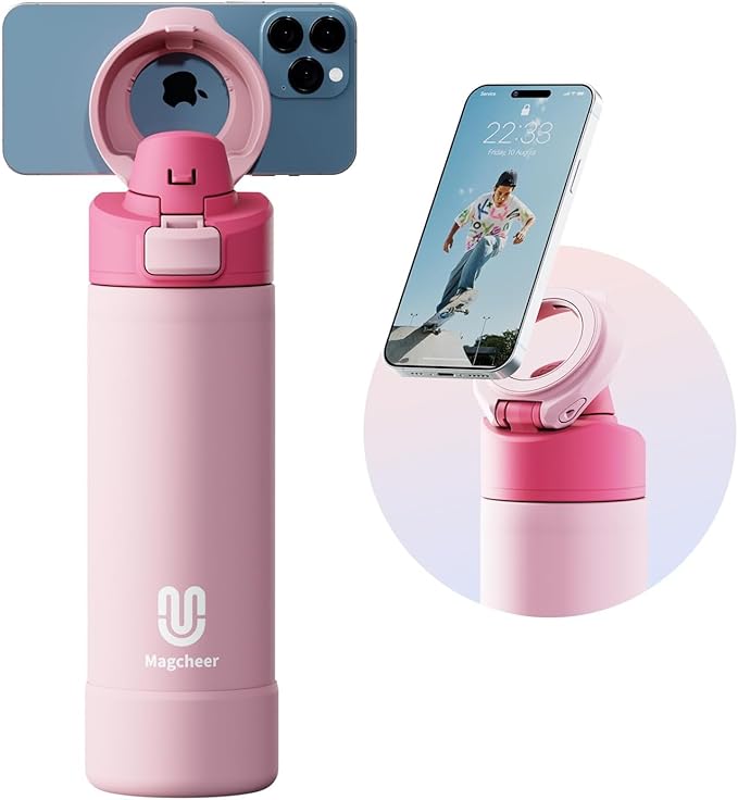 Insulated Magnetic Water Bottle - Reusable Stainless Steel Bottle with MagSafe Compatible Phone Holder - Keeps Cold for 24 Hours - Perfect for Gym, Sports, and Travel - Pink 24oz Magcheer