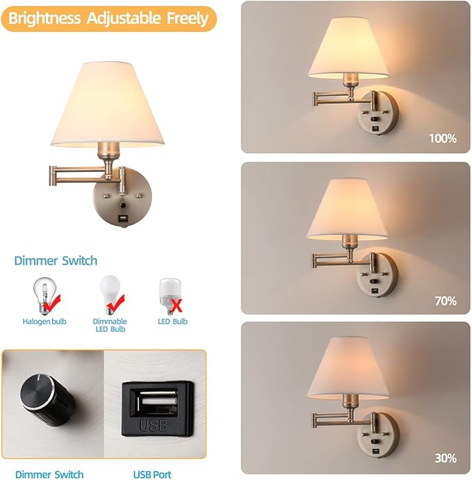 Swing Arm Wall Sconces, Plug-in Wall lamp,Bedroom Wall lamp ， White Fabric Shade，，with dimmable Switch and USB Charging Port, Suitable for Bedside, Living Room, Reading (Nickel) - Bloomnest