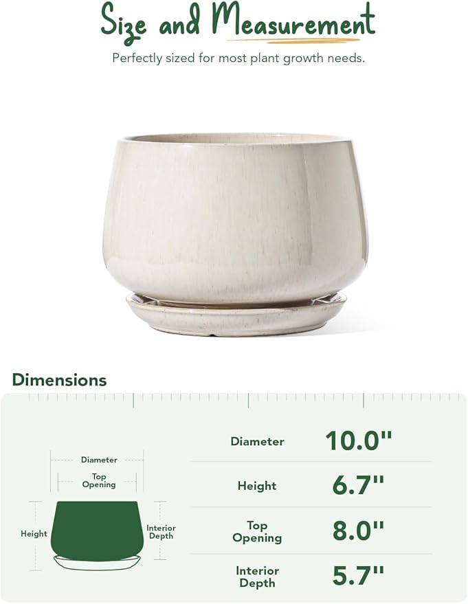 LE TAUCI Ceramic Planter, 10 Inch Plant Pot with Drainage Hole & Saucer – Durable Indoor Planter for Modern Home Decor, Reactive Glaze Beige - Bloomnest