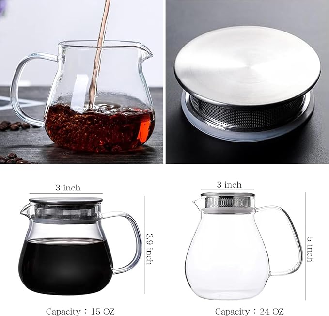 IwaiLoft Glass Teapot with Removable Stainless Steel Filter Lid Stovetop & Microwave Safe Borosilicate Glass Kettle for Loose Leaf, Blooming Tea And Coffee Sharing (24OZ) - Bloomnest