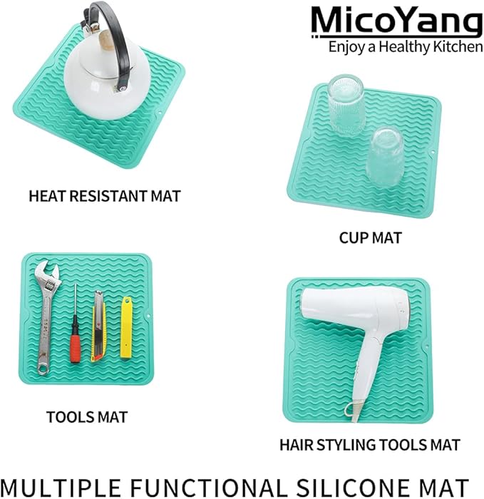 Silicone Dish Drying Mat for Multiple Usage,Easy clean,Eco-friendly,Heat-resistant Silicone Mat for Kitchen Counter or Sink,Refrigerator or Drawer liner Mint M 12 inches x 12 inches - Bloomnest