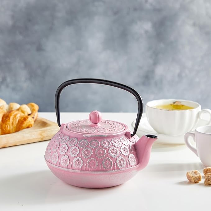 Juvale Cast Iron Tea Kettle - Stainless Steel Infuser & Loose Leaf Tea Steeper - Heat Retention in Pink Cast Iron Kettle - 34 oz