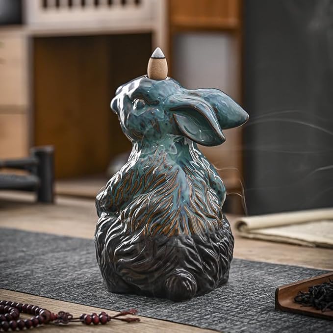 Cute Rabbit Bunny Animal Waterfall Backflow Incense Holder for Sticks,Ceramic Incense Burner with Mat,Tweezers for Home Aromatherapy Ornament Decor AI019 - Bloomnest