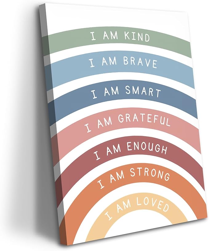 Framed Inspirational Canvas Art Wall Decor, Positive Quotations Picture Prints, Modern Boho Daily Affirmations Wall Art, Cute Rainbow Room Decor for Nursery Classroom Bedroom – 12x16in - Bloomnest