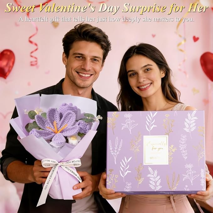 Valentine's Day Birthday Gifts for Women Self Care Package Get Well Soon Gift Baskets, Thinking of You Sympathy Spa Gift Set w/ Crochet Flower Bouquet, Unique Gifts for Women Her Wife Girlfriend Mom