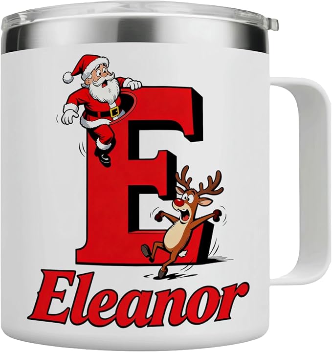 JugJug Personalized Christmas Mug with Initial & Name - Funny Falling Santa 12oz Insulated Coffee Cup w/Lid - Xmas Gifts for Kids, Girls, Family (B159) - Bloomnest