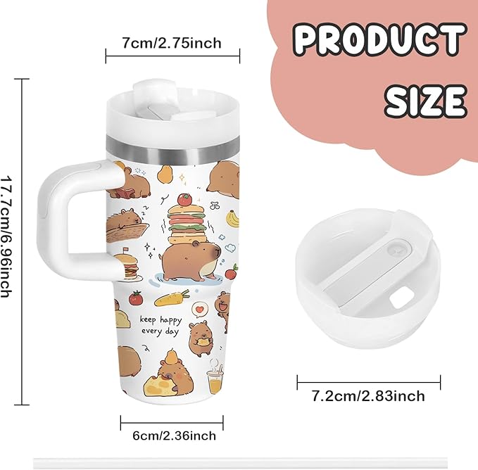 Capybara Gift for Women, 14oz Capybara Tumbler with Handle, Lid & Straw - Vacuum Insulated Stainless Steel Travel Mug - Hot/Cold Car Cup for Commuting, Office - Kawaii Water Bottle Gifts for Adults - Bloomnest