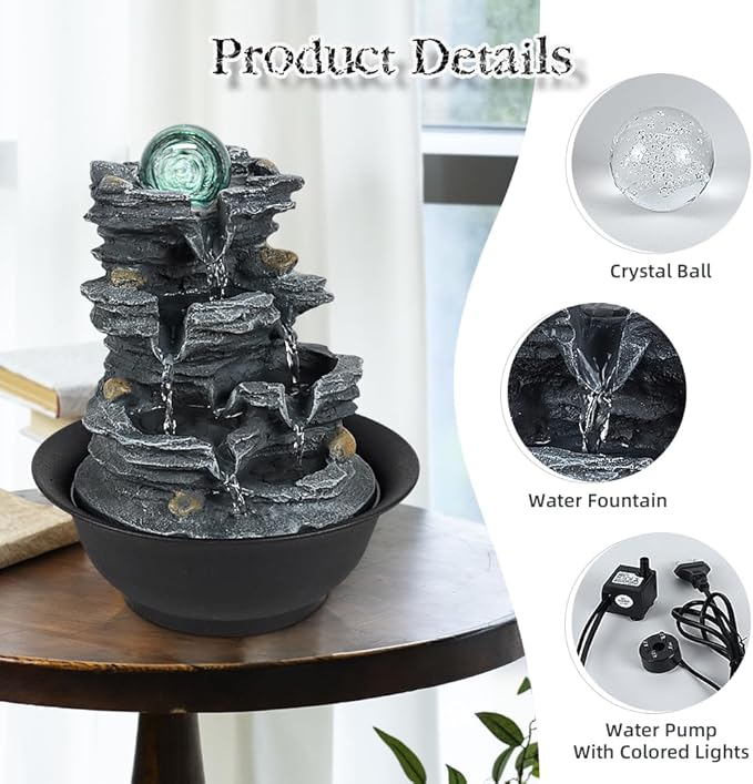 Tabletop Water Indoor Fountain Waterfall Indoor Water Fountains Feng Shui Zen Decorative Desktop Fountain with Colored Led Light and Spinning Ball for Room,Office(Style 1) - Bloomnest