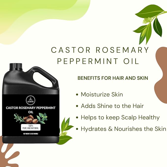 Naturevibe Botanicals Castor with Rosemary and Peppermint Oil 32 Ounces | 100% Pure and Natural | Great for Skin Care and Hair Care - Bloomnest