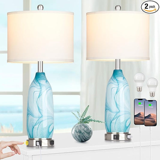 26" Coastal Table Lamps Set of 2, Modern Table Lamps with USB A+C Ports & AC Outlet, Touch Control Glass Bedside Nightstand Lamp with Night Light for Living Room Bedroom End Table Blue(Bulbs Included) - Bloomnest