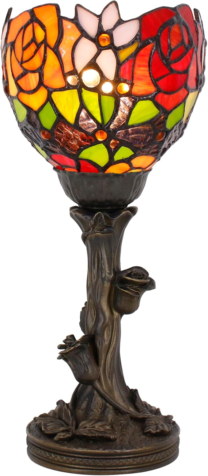 Small Tiffany Lamp Mini Stained Glass Table Lamp Red Rose Accent Desk Uplight W6H 13.5 Inch Bronze Resin Base - Bloomnest