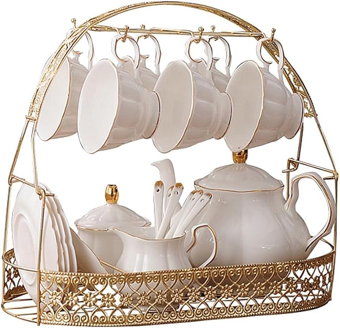 fanquare 15 Pieces Simple White English Ceramic Tea Sets,Tea Pot,Bone China Cups Without Metal Holder,Matching Spoons,Afternoon Tea Set Service Coffee Set - Bloomnest