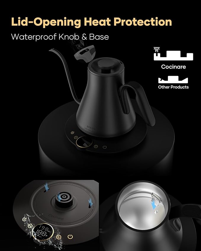 Cocinare FLOW B9 Gooseneck Electric Kettle, Precise Temperature Control for Pour-Over Coffee & Tea Brewing, Stainless Steel Interior, Rapid Heating for Boiling Water, 1500W/0.9L (Matte Black) - Bloomnest