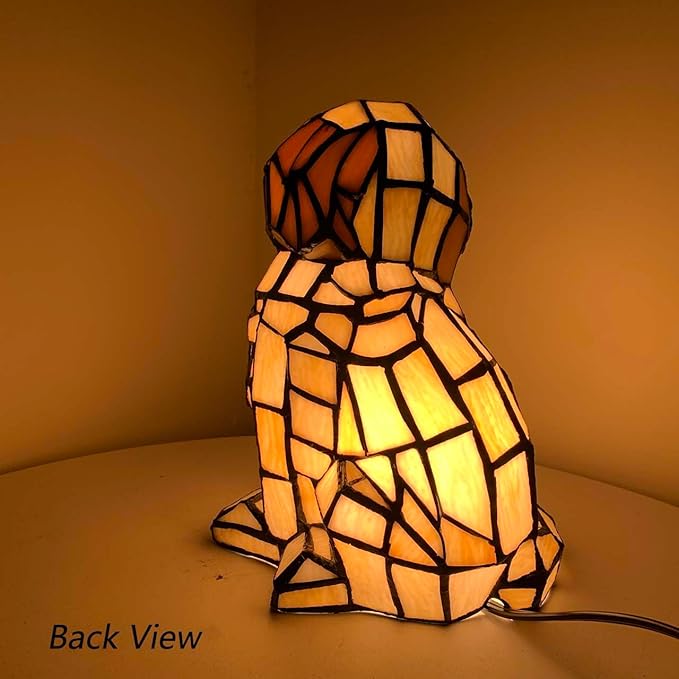 Bieye L10886 Tiffany-Style Stained Glass Dog Accent Table Lamp - 9.5-Inch Tall - Adorable Cream Dog Patiently Awaiting a Treat - Bloomnest