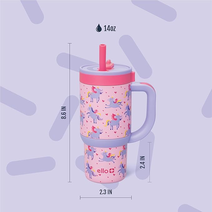 Ello Oasis 14oz Stainless Steel Toddler Tumbler with Handle & Retracting Straw, 100% Leakproof, Double-Wall Vacuum Insulated, Kids Water Bottle for School, BPA Free, Dishwasher Safe, Unicorns - Bloomnest