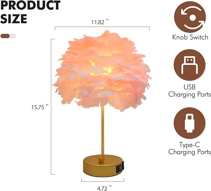 ZYLEIESENBAO Pink Feather USB Charger Table Lamp Feather Bedside Lamp Cute Nightstand Lamp with Outlets Princess Desk Light for Girl Bedroom Living Room Entryway Hotel Wedding Women's Gift Decoration - Bloomnest