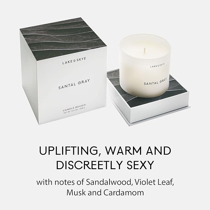 Lake & Skye Santal Gray Candle (8 oz), 50 Hours of Burn Time, 100% Soy Wax, Vegan - White Embers and Musk Scent - Bloomnest