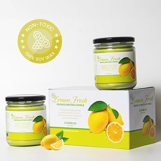 Candle Set Lemon Fresh Odor Eliminating – 2 Pack - 12oz – Long-Lasting Soy Wax Candles – Neutralizes Pet, Kitchen & Smoke Odors – Clean Burn, Eco-Friendly, Aromatherapy Candle - Bloomnest