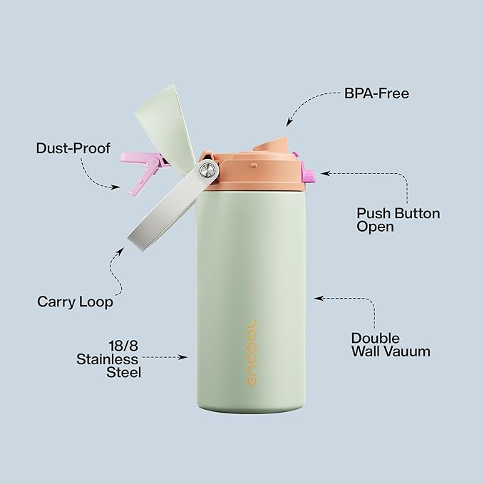 Insulated Water Bottle with Straw - Encool Stainless Steel Water Bottle with Push Button Lid, Leak-Proof & BPA-Free, Keeps Cold for 24 Hours for Sports, Travel, Gym (18 oz, Geyser Green) ENCOOL