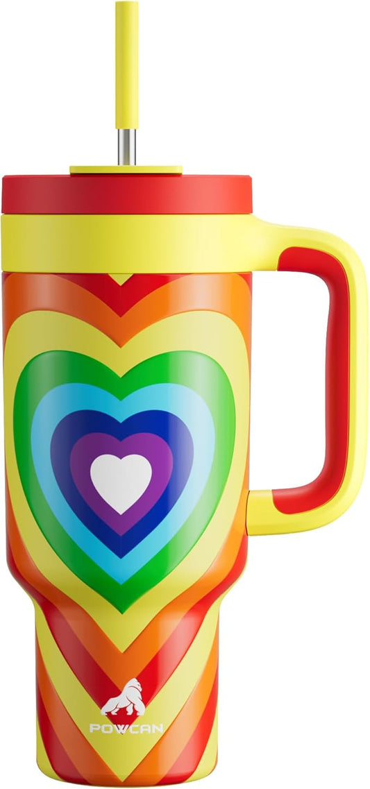 POWCAN 40 oz Tumbler with Handle, 2-in-1 Straw and Sip Lid, Leakproof, Dishwasher Safe, Insulated Stainless Steel Travel Coffee Mug, Keeps Cold for 34 Hours, Fits in Car Cup Holder (Fiery Love) - Bloomnest