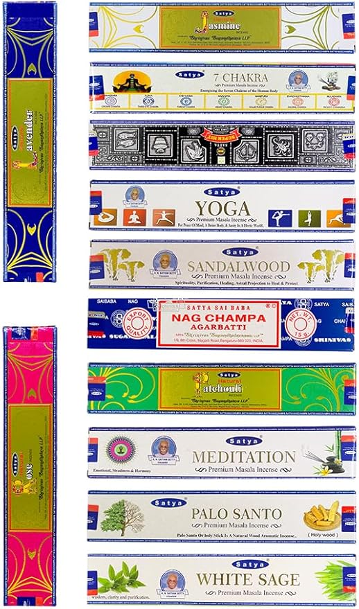 satya Incense Sticks - 12 Boxes | 7 Chakra White Sage Sandalwood Meditation Jasmine Yoga Palo Santo Rose Patchouli Nag Champa Lavender Superhit - 140+ Natural Incienso | 45+min Burn Variety Pack KRAFTANGLE