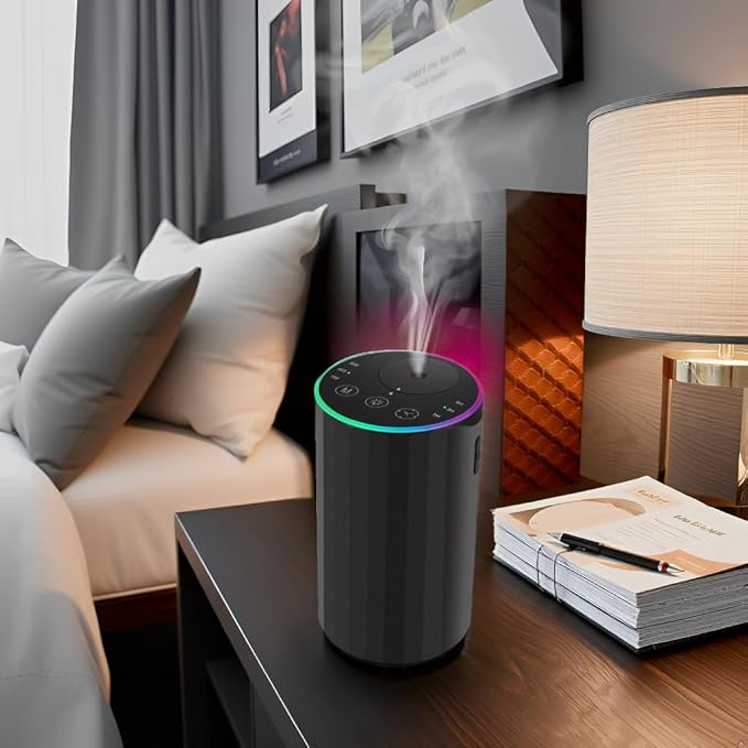 Waterless Essential Oil Diffuser, 7 Colors LED Light, Battery Powered Mini Scent Air Machine, Aromatherapy Mist Diffuser for Home Room Car Office，Black Aluminum Alloy - Bloomnest