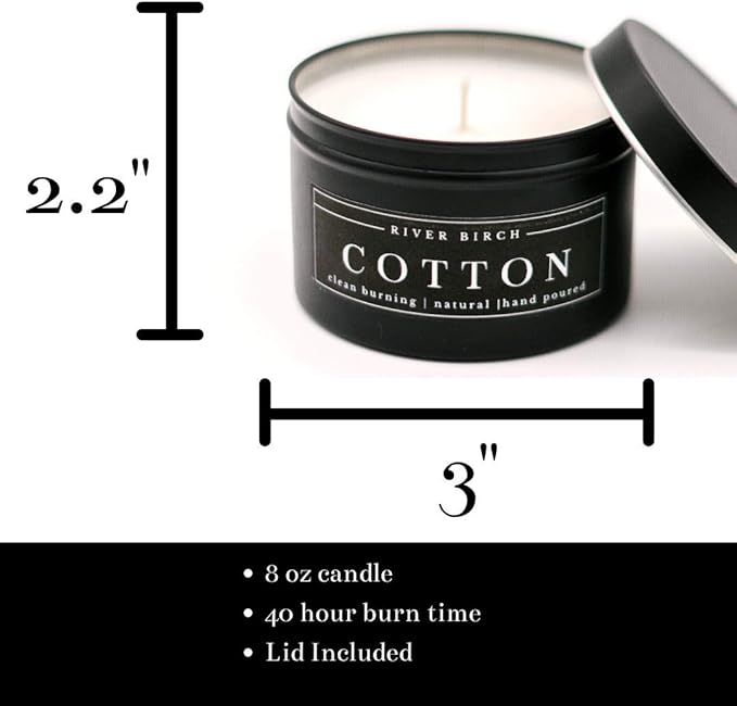 River Birch Candles Cotton Scented Candle | Premium, All-Natural, Non-Toxic, Soy Candles | 8 oz. Black Matte Tin Travel Candle | Cozy Relaxing Gifts for Home - Bloomnest