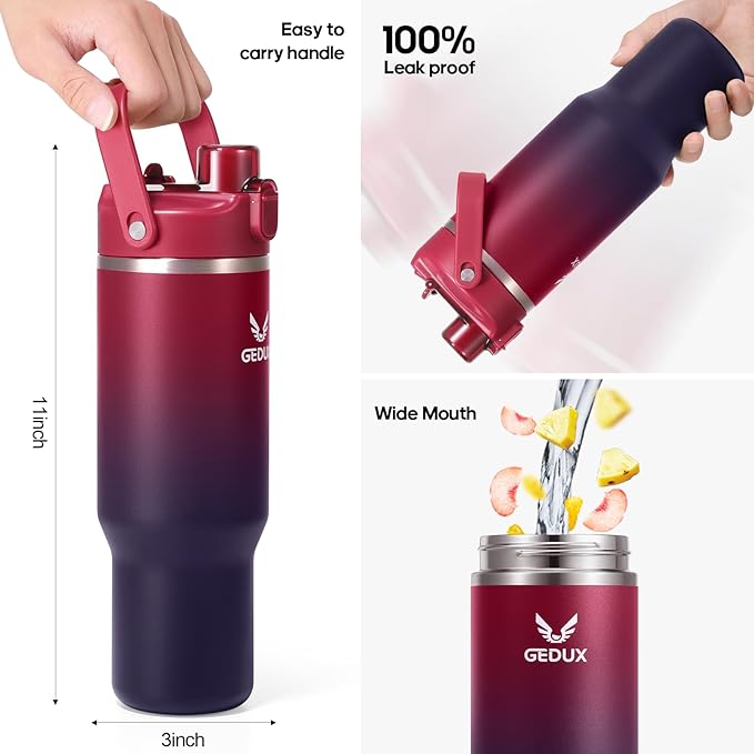 32 oz Gradient Blue Stainless Steel Tumbler with Handle and Straw, Vacuum Insulated Water Bottle with Leak-Proof 2-in-1 Lid and Silicone Boot, Keeps Drinks Hot and Cold (reddish black, 40oz) - Bloomnest