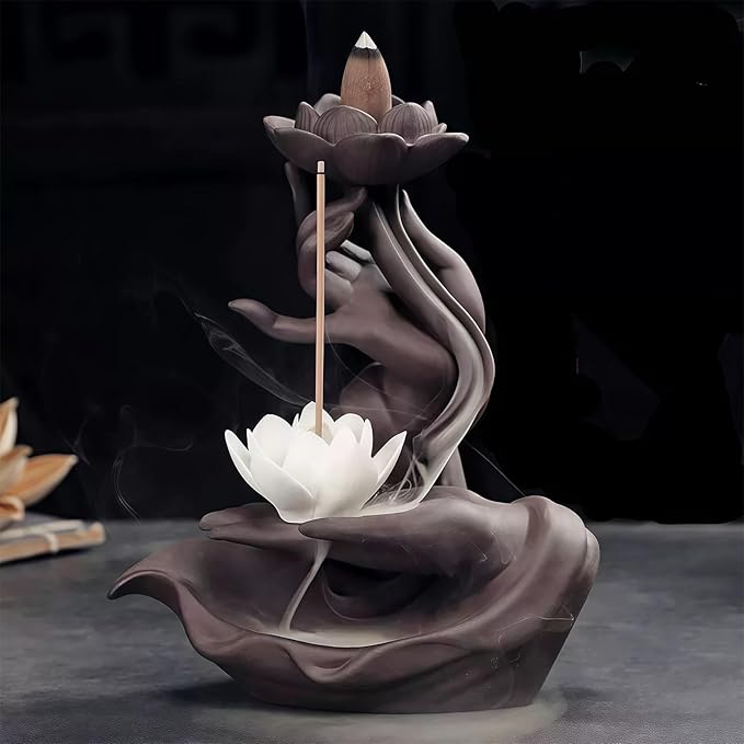 Lotus Backflow Incense Burner– Ceramic Cones Incense Holder with 60 Incense Cones + 30 Sticks + 1 Mat+1 Tweezers | Waterfall Incense Burner & Waterfall Fountain | (Black) - Bloomnest