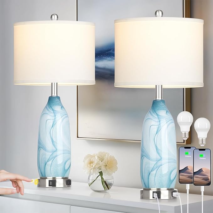 26" Coastal Glass Table Lamps Set of 2, Touch Control Bedside Lamp with USB A+C Ports and AC Outlet, Blue Lamp with Night Light for Nightstand Living Room Bedroom, 2 LED Bulbs Included - Bloomnest