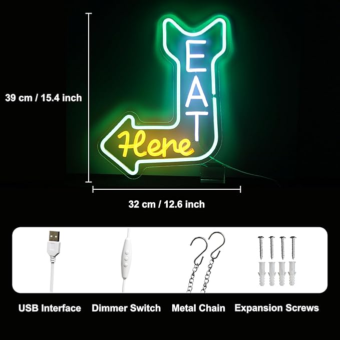 Eat Here Neon Sign Kitchen Neon Signs for Wall Decor with Arrow Guidance Green Orange White Eat Dimmable LED Sign Diner Neon Signs for Wall Bar Restaurant Kitchen Man Cave Decor - Bloomnest