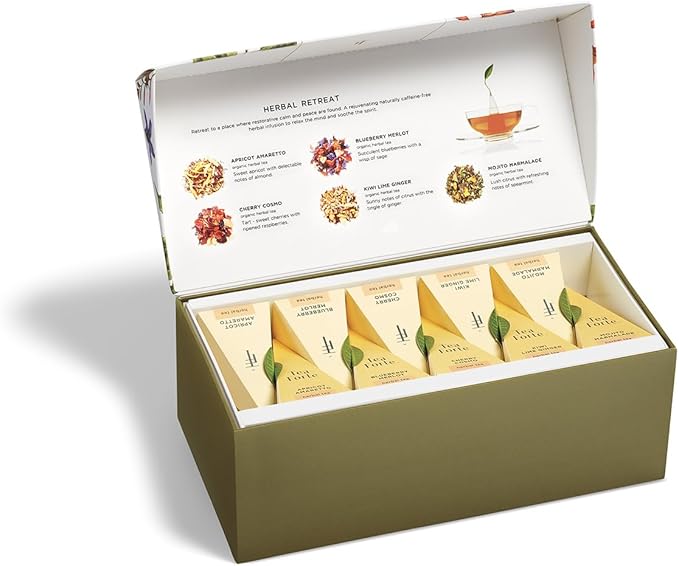 Tea Forte Herbal Retreat Premium Tea Presentation Box Tea Gift Sampler, 20 Count, 2 of Each Variety Individually Wrapped Handcrafted Pyramid Infuser Bags - Bloomnest